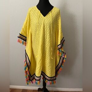 Source Unknown Yellow Crochet Swim Coverup with Multicolor Tassel Trim